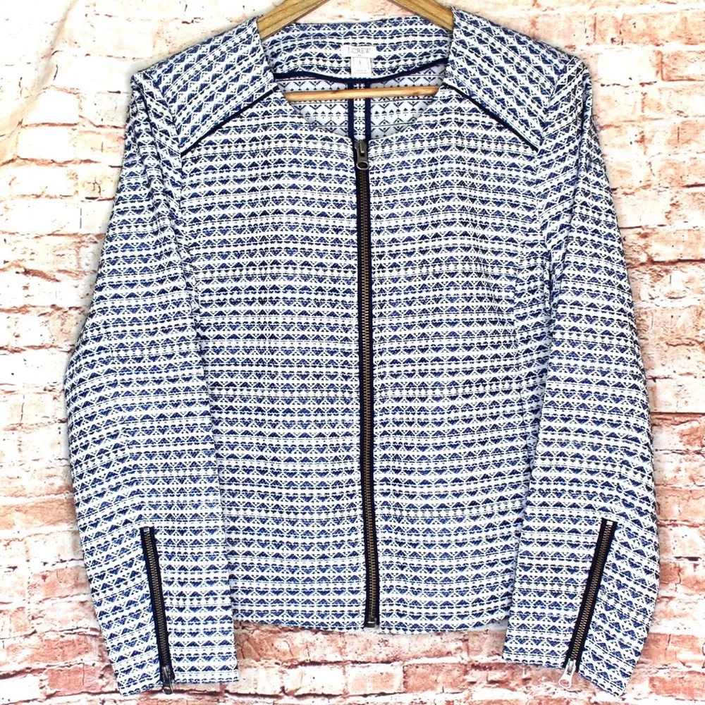 J. Crew Navy and White Heart Textured Jacquard Zip-Up Jacket Blazer